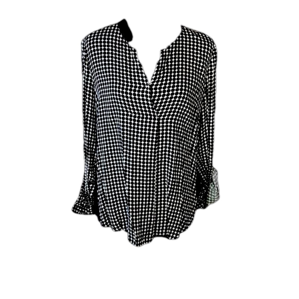 Daniel Rainn Black White Polka Dot Top Tab Sleeves Size L